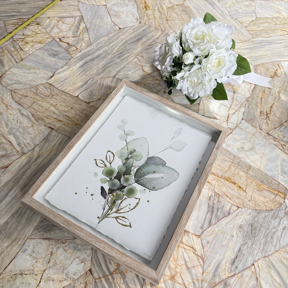 Framed Watercolor Eucalyptus Botanical Art Gold Glitter Rustic Wood Frame